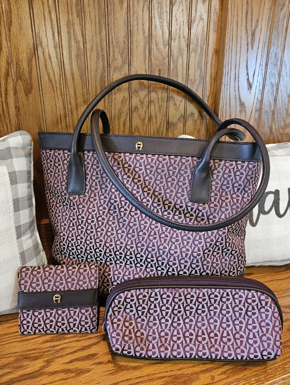 Y2K Etienne Aigner 3pc Burgundy Logo Print Tote Bag with Wallet and Pouch